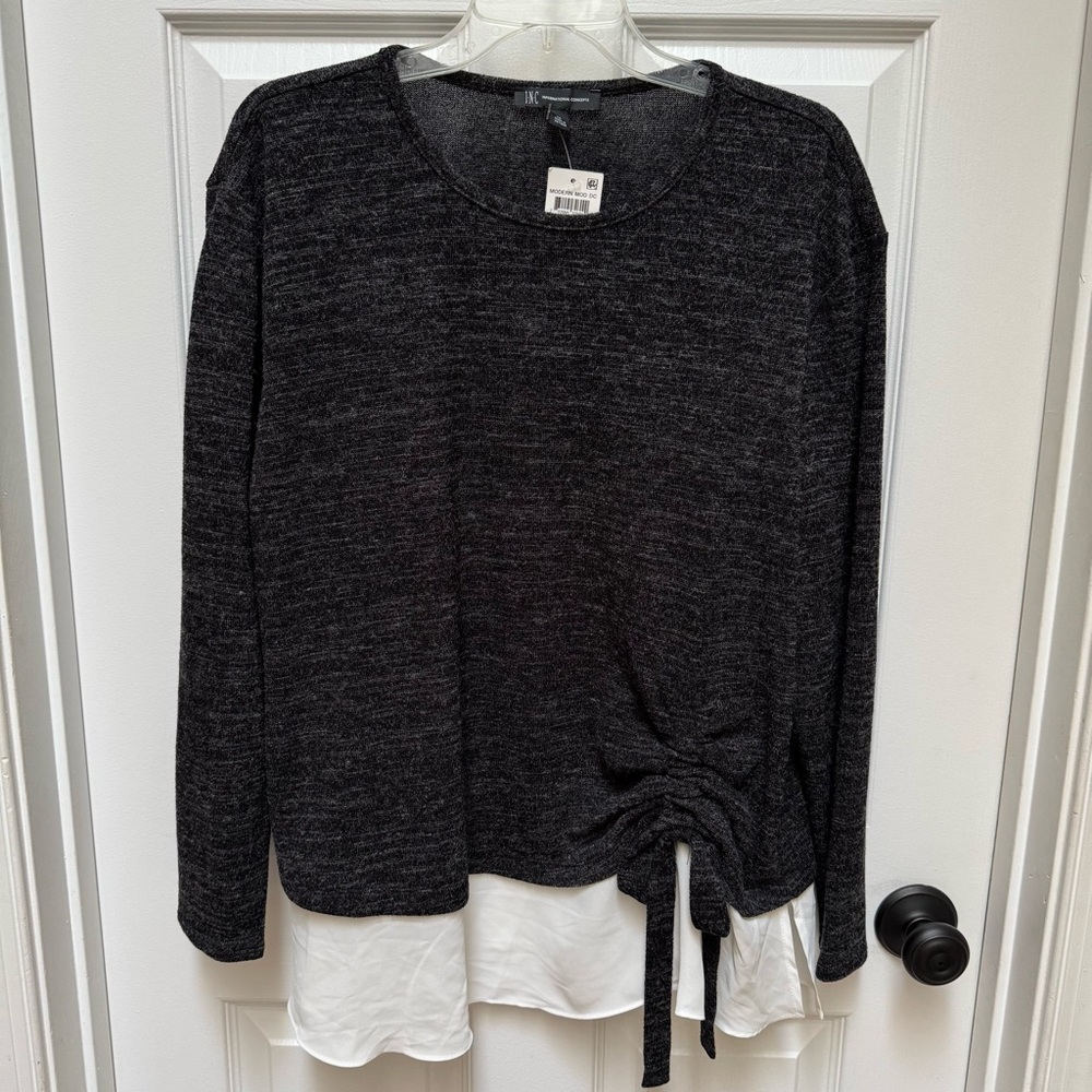INC Layered-look Sweater rouched bow Heather Black/Gray/cream Women's 2X NWT